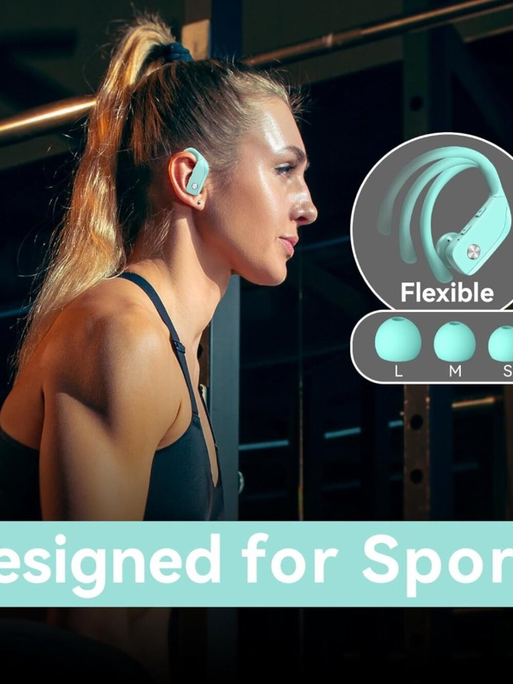 Mint Green Wireless Earbuds Bluetooth LED Display Ear-hooks Built-in Mic Headset - Picture 6 of 6